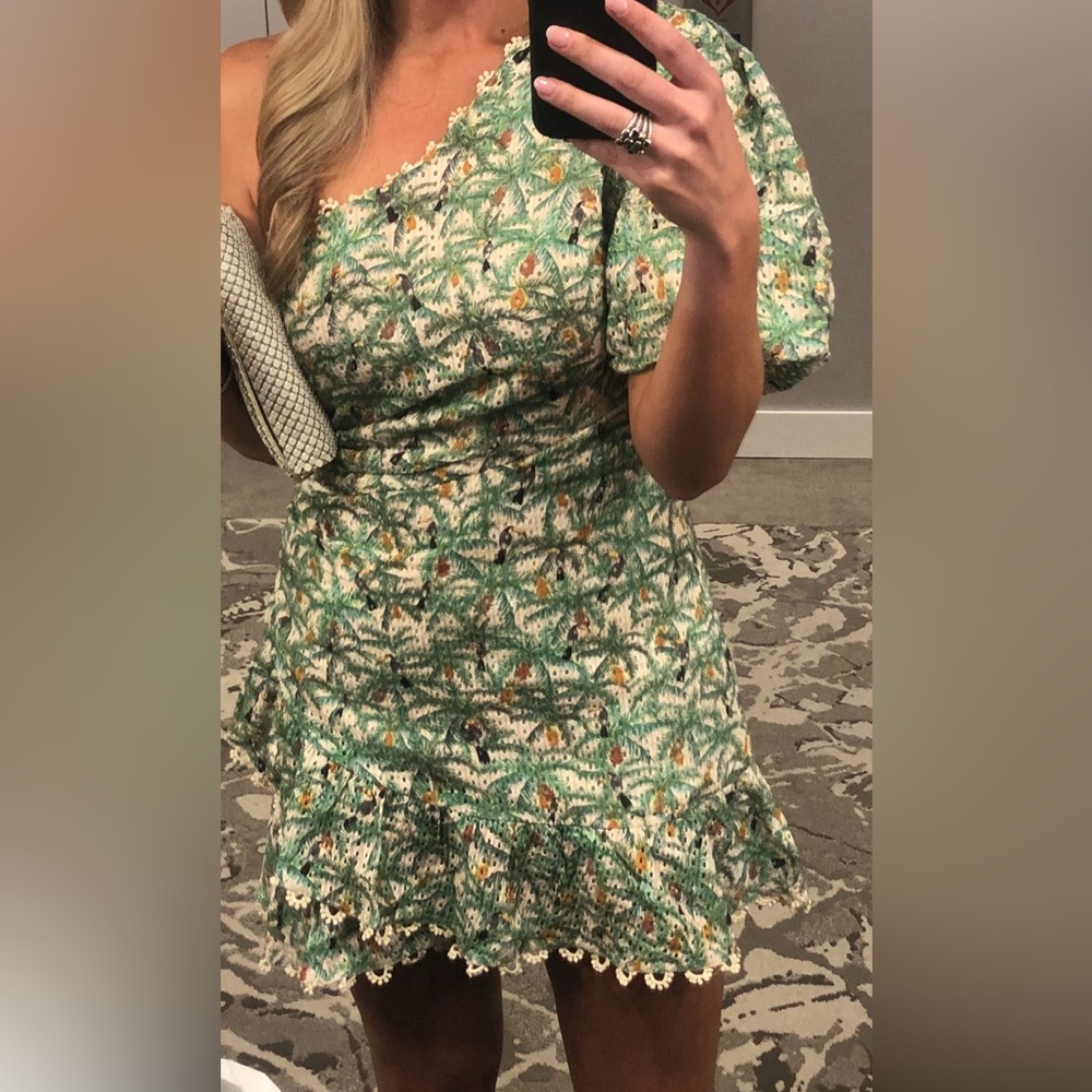 Farm Rio One-Shoulder Green Tropical Print Dress